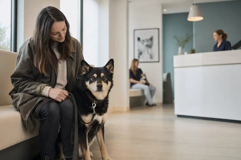 Ein Finnischer Rentierhütehund sitzt ruhig neben seinem Besitzer im hellen Wartezimmer einer modernen Tierarztpraxis.